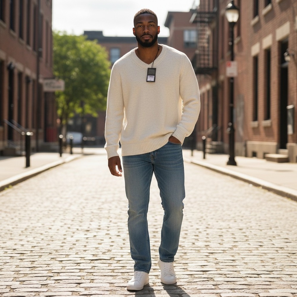 Buck Mason Dutch White Brushed Wool Saddle V-Neck Sweater BM16144.719 Mens M